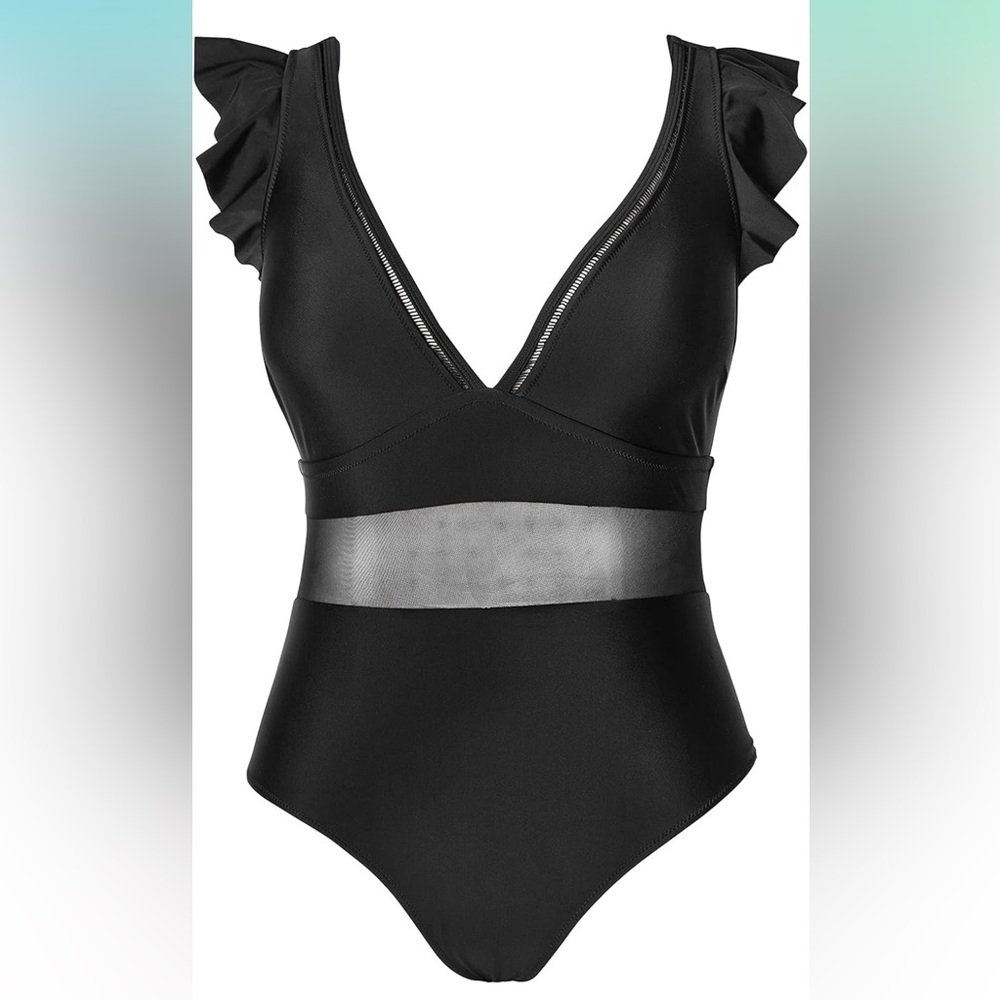 Plus Size V Neck Ruffle Mesh Bathing Suit - Picture 4 of 9